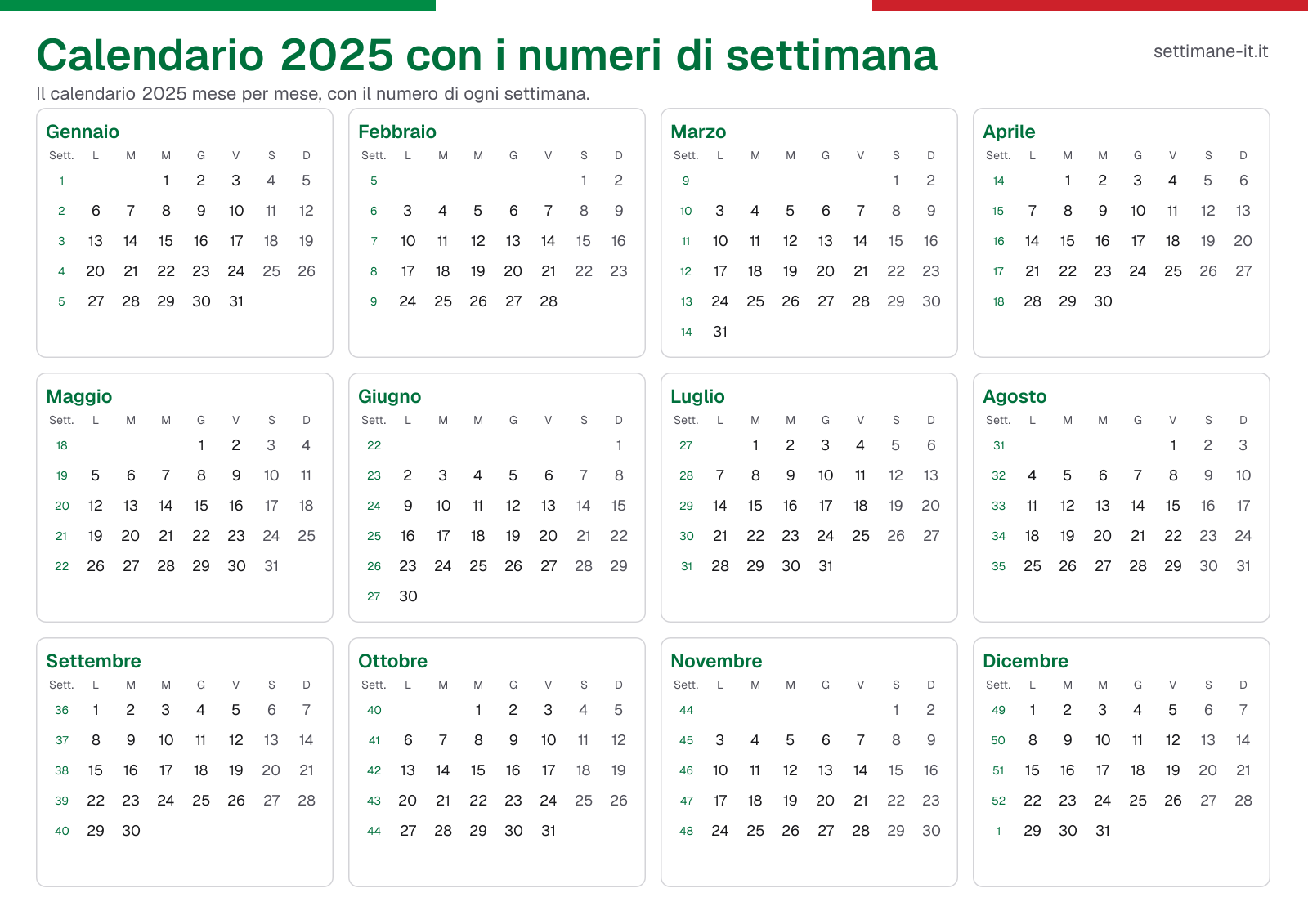 Calendario 2025 con i numeri di settimana