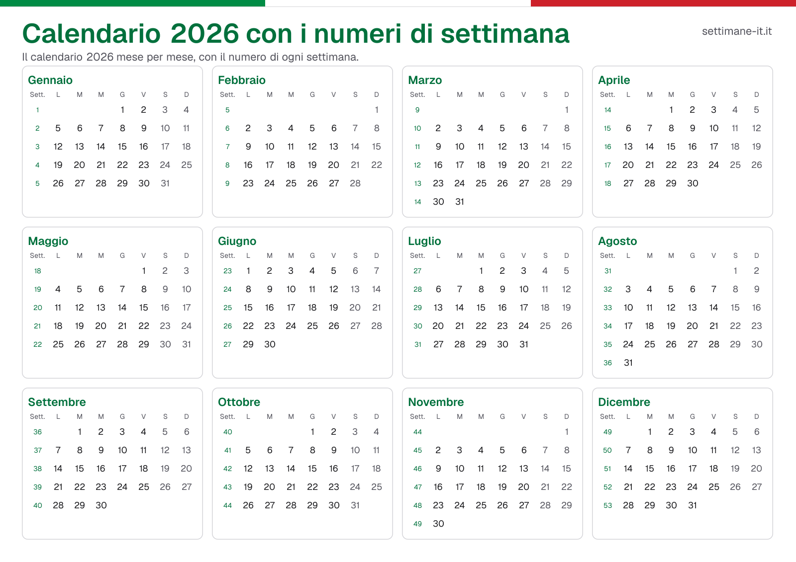 Calendario 2026 con i numeri di settimana