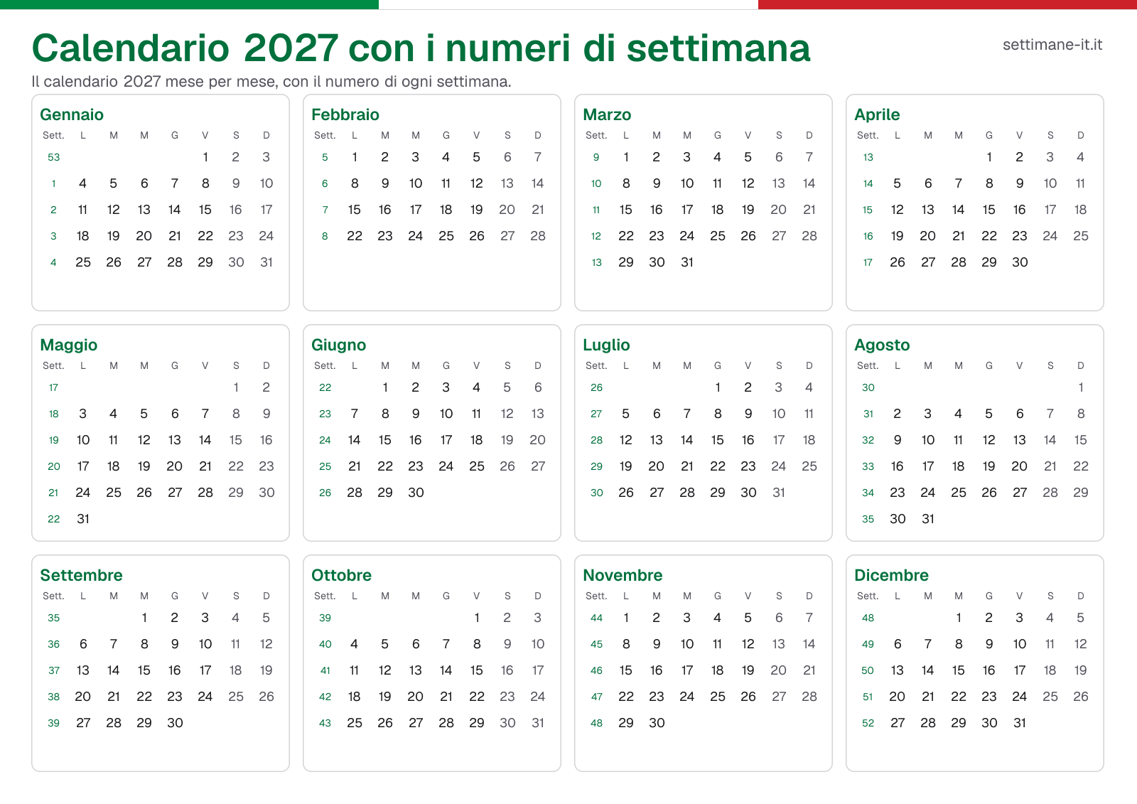 Calendario 2027 con i numeri di settimana