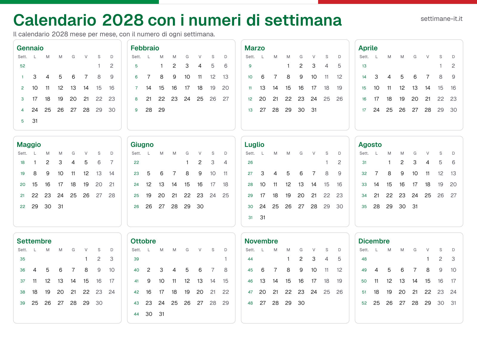 Calendario 2028 con i numeri di settimana