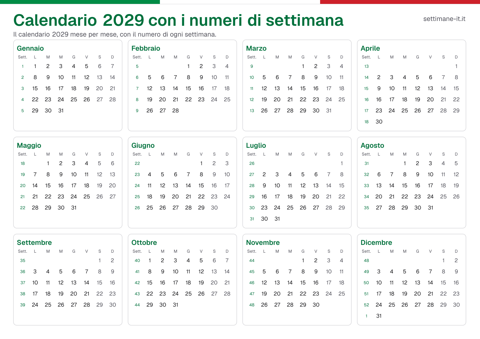 Calendario 2029 con i numeri di settimana
