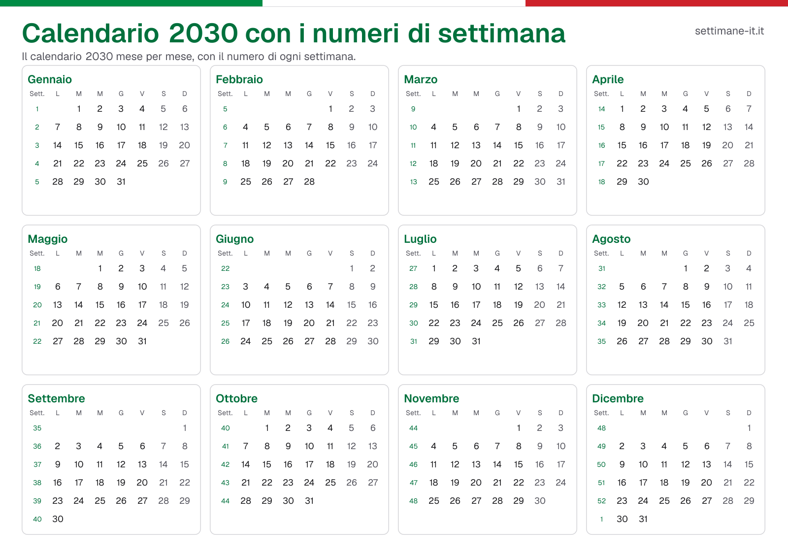 Calendario 2030 con i numeri di settimana